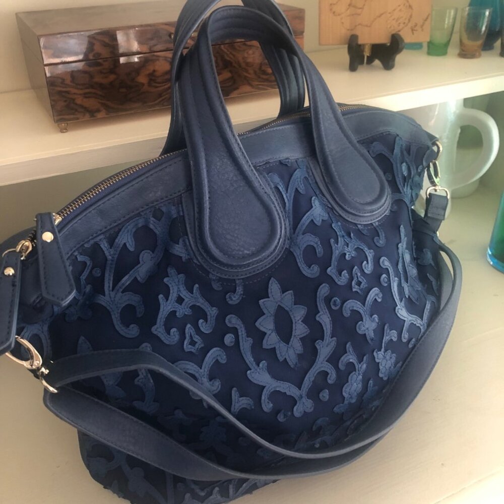Blue Vachetta Scroll Leather & Lace Satchel Tote Bag - Picture 2 of 14